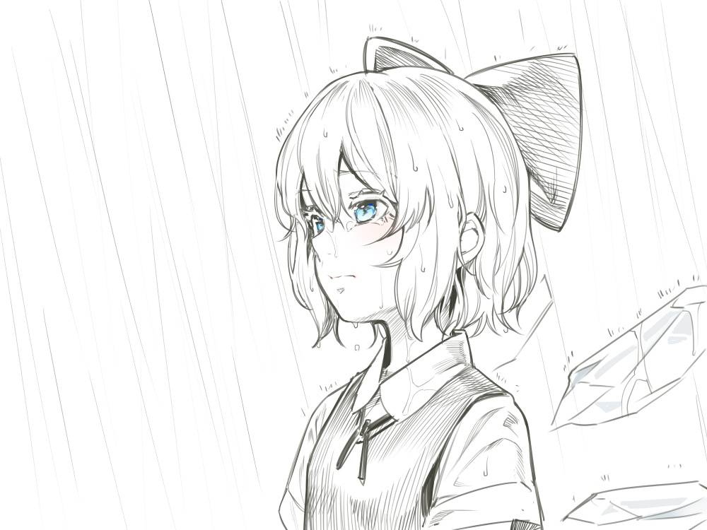 1girl asutora blue_eyes bow cirno closed_mouth eyebrows_visible_through_hair hair_between_eyes hair_bow ice ice_wings looking_away monochrome rain short_hair solo tears touhou upper_body wet wet_clothes wings