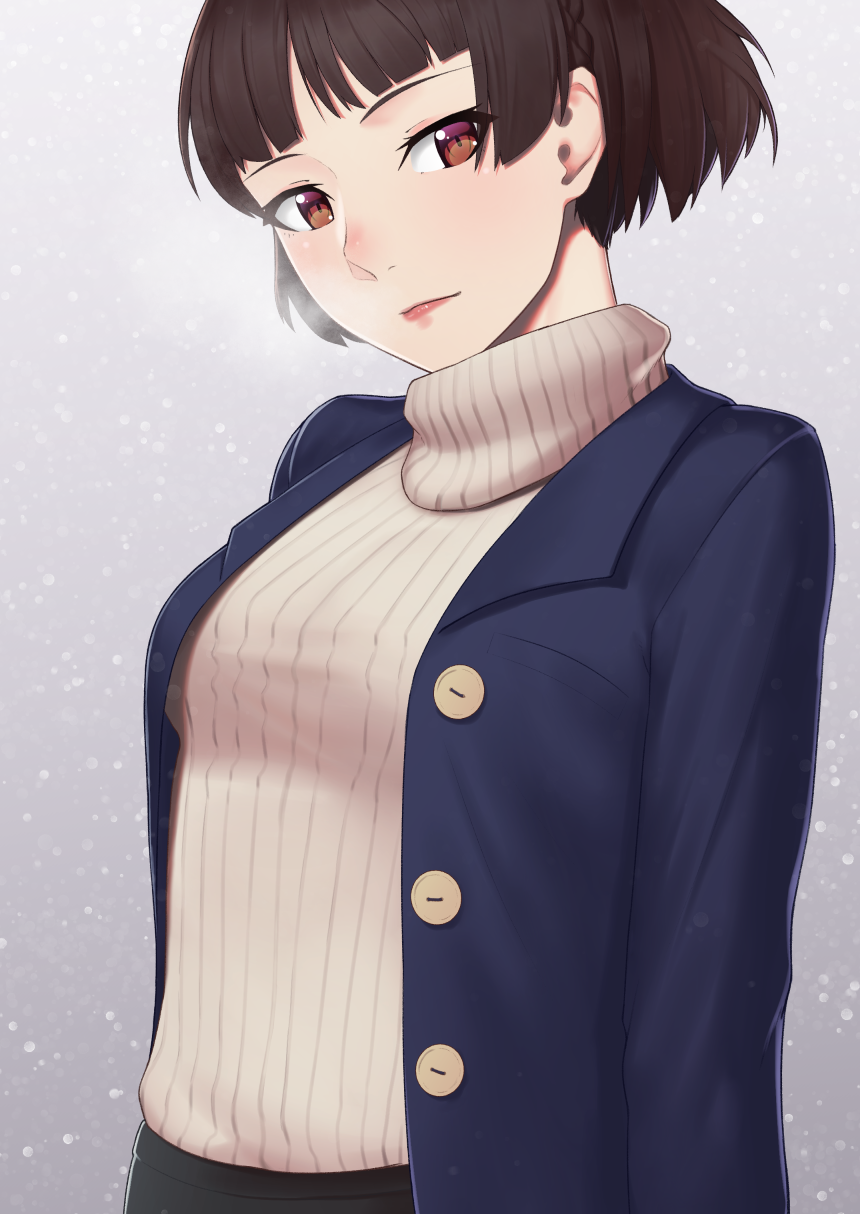 1girl arms_at_sides bangs blue_jacket breasts breath brown_hair brown_sweater buttons casual closed_mouth grey_background highres jacket long_sleeves medium_breasts niijima_makoto open_clothes open_jacket persona persona_5 putchers red_lips short_hair smile solo sweater turtleneck turtleneck_sweater unbuttoned upper_body