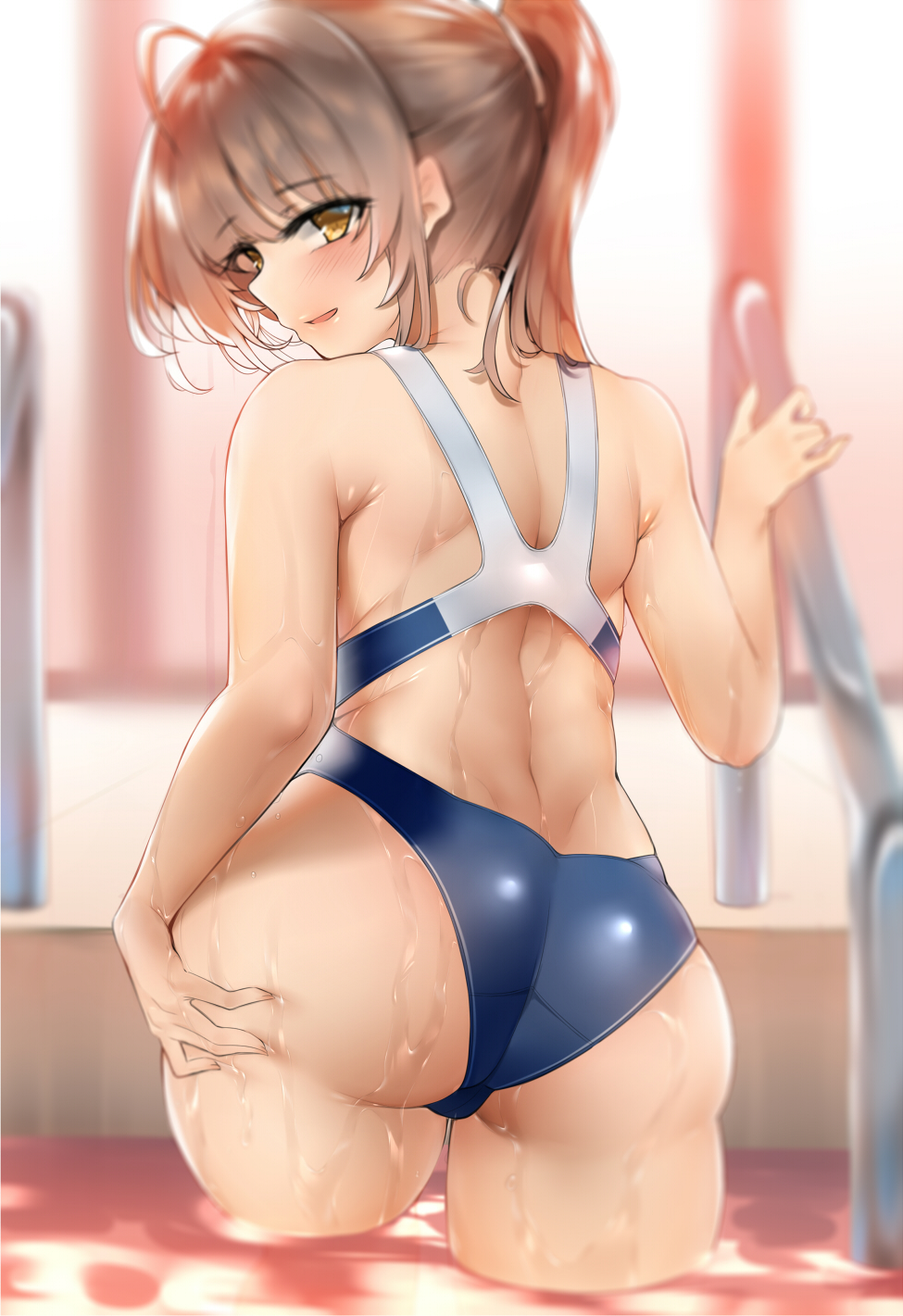 1girl ahoge ass bababababan bangs bare_shoulders blush breasts brown_eyes brown_hair competition_school_swimsuit competition_swimsuit deep_skin eyebrows_visible_through_hair eyelashes from_behind hair_between_eyes hand_on_thigh hand_up highres indoors long_hair looking_at_viewer looking_back one-piece_swimsuit original ponytail pool pool_ladder poolside shoulder_blades sidelocks skindentation solo swimsuit water wet