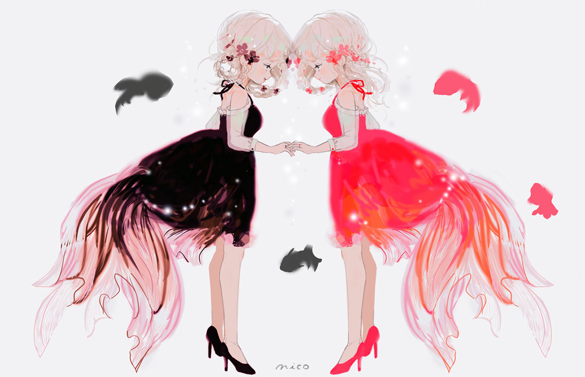 2girls air_bubble artist_name bangs black_dress black_footwear bubble dress fish flower forehead-to-forehead from_side full_body goldfish grey_background hair_flower hair_ornament hair_rings halter_dress high_heels holding_hands jewelry long_hair long_sleeves multiple_girls nucco original personification red_dress red_flower red_footwear ring see-through_sleeves standing white_hair