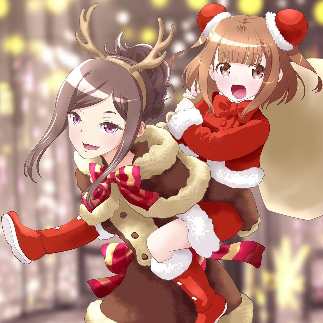 2girls :d bangs beatrice_(princess_principal) blunt_bangs blurry blurry_background bow brown_coat brown_eyes brown_hair bun_cover carrying coat dorothy_(princess_principal) double_bun fake_antlers hair_up long_sleeves multiple_girls open_mouth piggyback pink_bow princess_principal red_footwear sack short_hair smile taniguchi_gou violet_eyes