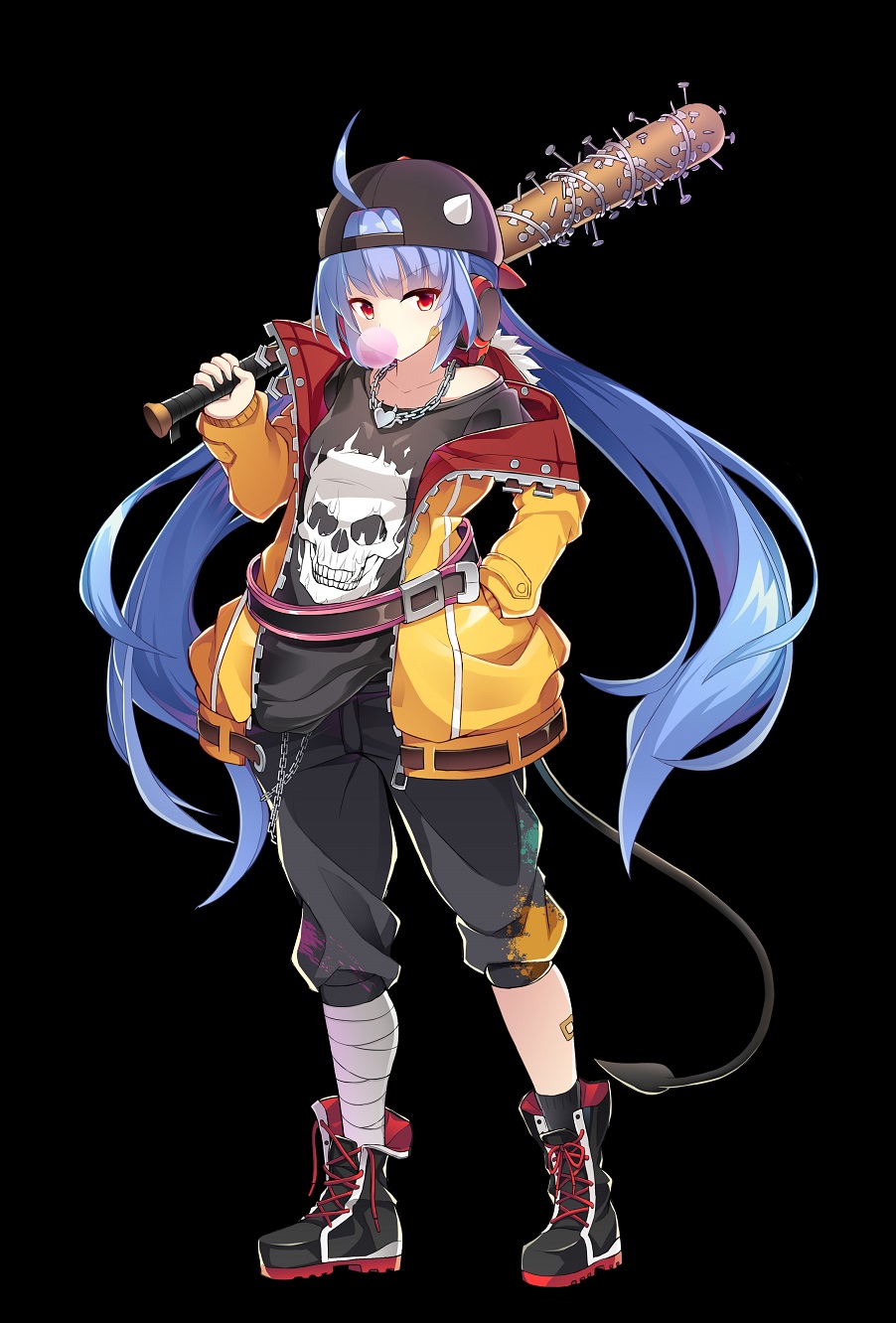 1girl ahoge alternate_costume bandages baseball_bat belt black_background black_pants blue_hair bubble_blowing chain chewing_gum contemporary epic7 full_body hand_in_pocket heart heart_necklace highres jacket jewelry leg_wrap long_hair long_sleeves nail nail_bat necklace over_shoulder paint pants pigat ravirihiseea_vizzall_(epic7) red_eyes shirt simple_background solo standing t-shirt tail twintails very_long_hair yellow_jacket