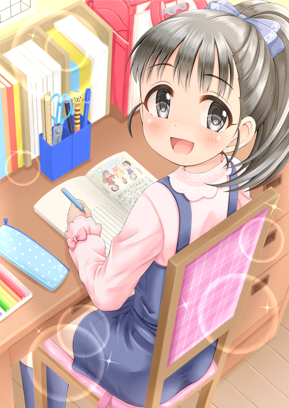 1girl :d backpack bag blue_bow blue_dress blue_legwear blush bow chair commentary_request desk dress fukuyama_mai grey_eyes grey_hair hair_bow highres holding holding_pencil idolmaster idolmaster_cinderella_girls idolmaster_cinderella_girls_starlight_stage indoors kneehighs long_hair long_sleeves looking_at_viewer looking_back on_chair open_mouth pencil pencil_case pink_bow pink_shirt ponytail randoseru regular_mow shirt sitting sleeveless sleeveless_dress sleeves_past_wrists smile solo wooden_floor