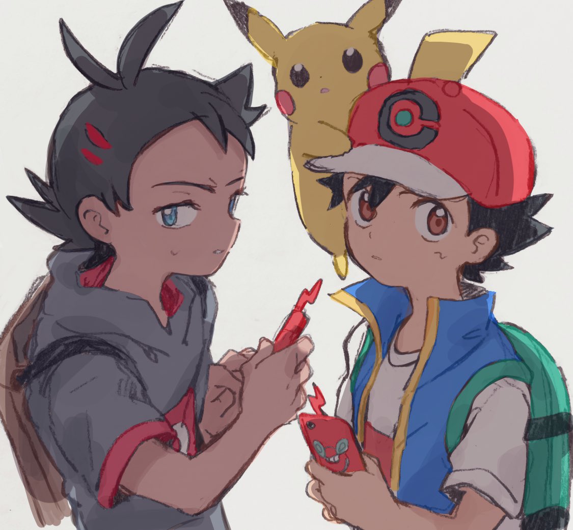 2boys baseball_cap black_hair blue_eyes blue_vest brown_backpack brown_eyes commentary_request gou_(pokemon) green_backpack grey_shirt hair_ornament hairclip hat holding holding_phone kurage2535 looking_at_viewer male_focus multiple_boys phone pikachu pokemon pokemon_(anime) pokemon_(creature) pokemon_on_head pokemon_swsh_(anime) rotom rotom_phone satoshi_(pokemon) shirt simple_background spiky_hair sweat vest white_background white_shirt