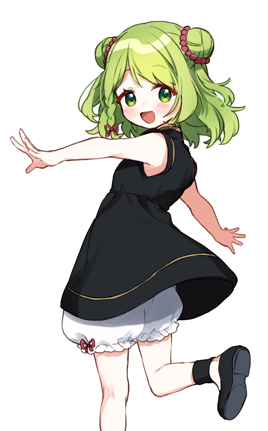 1girl :d bangs bare_arms bare_shoulders black_dress black_footwear bloomers blush commentary_request double_bun dress eyebrows_visible_through_hair green_eyes green_hair looking_at_viewer looking_to_the_side morinaka_kazaki nijisanji open_mouth outstretched_arms shoe_soles shoes simple_background sleeveless sleeveless_dress smile solo standing standing_on_one_leg underwear virtual_youtuber white_background white_bloomers yamabukiiro