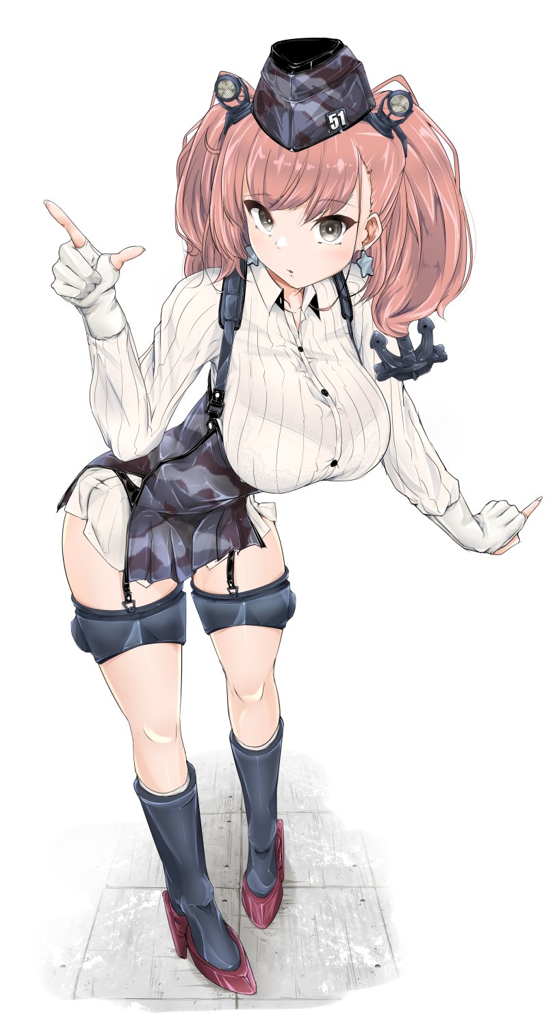 1girl :o anchor_hair_ornament atlanta_(kantai_collection) bangs black_eyes black_skirt blush bra_through_clothes breasts brown_hair camouflage commentary_request drawing_nk eyebrows_visible_through_hair full_body garrison_cap garter_straps gloves hair_ornament hat headgear high-waist_skirt highres kantai_collection large_breasts long_hair long_sleeves open_mouth partly_fingerless_gloves simple_background skirt solo standing twintails white_background white_gloves