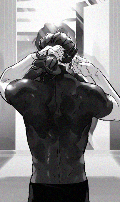 1boy back fate/stay_night fate_(series) film_grain from_behind greyscale kotomine_kirei maka_(mksrw) male_focus mirror monochrome mullet reflection shirt solo t-shirt tight_shirt tying_hair
