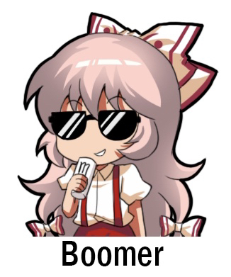 1girl bangs bow chibi chinese_commentary commentary_request eyebrows_visible_through_hair fujiwara_no_mokou grin hair_bow hand_up holding long_hair lowres pants pink_hair puffy_short_sleeves puffy_sleeves red_pants shangguan_feiying shirt short_sleeves simple_background smile solo sunglasses suspenders touhou upper_body very_long_hair white_background white_bow white_shirt