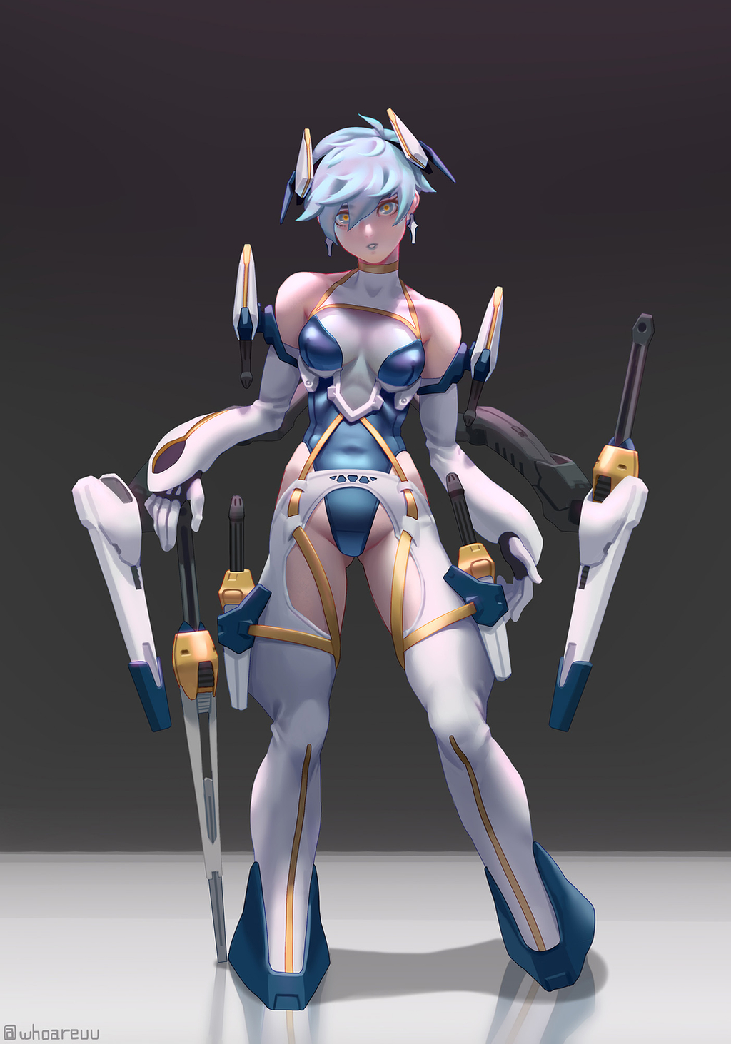1girl artist_name bangs bare_shoulders blue_eyes blue_hair blue_lipstick breasts covered_navel dagger detached_sleeves earrings full_body gloves highres jewelry leotard lipstick long_hair looking_at_viewer makeup medium_breasts multicolored multicolored_eyes original parted_lips reflection shadow short_hair sleeveless solo standing sword weapon white_gloves whoareuu yellow_eyes