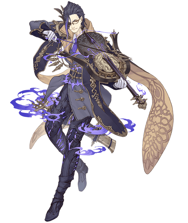 1boy arrow bow_(instrument) bow_(weapon) chain crossbow formal full_body glasses gold_chain gold_trim hair_slicked_back half_mask hameln_(sinoalice) instrument ji_no necktie official_art purple_hair quiver sinoalice solo suit transparent_background violin weapon