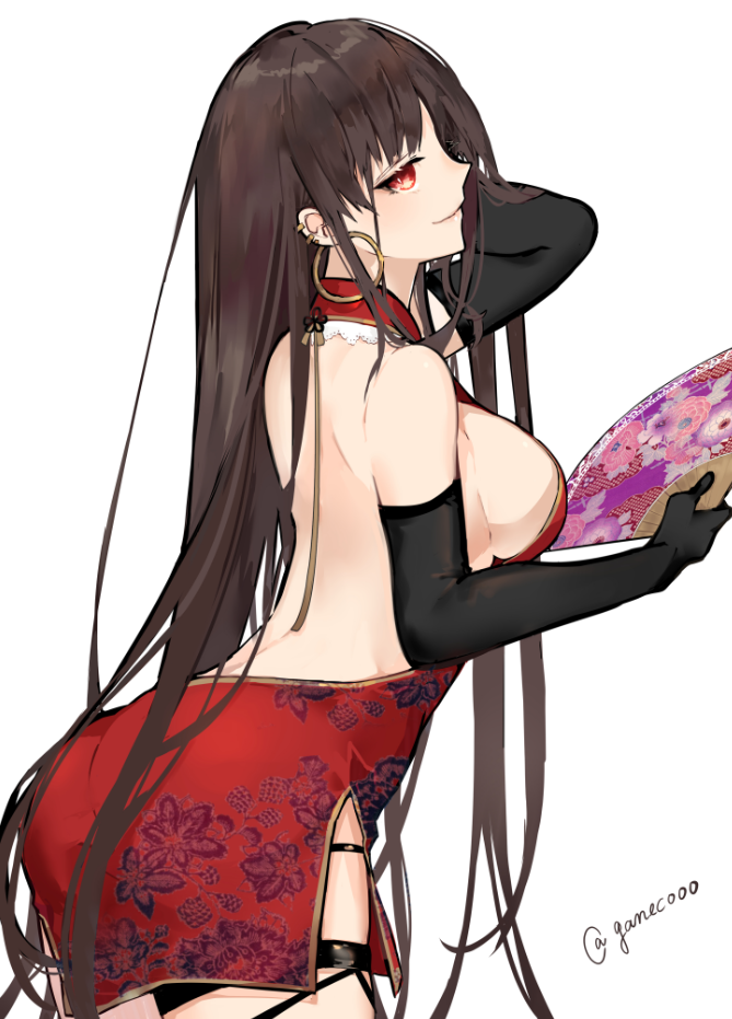 1girl alternate_costume arm_up ass backless_dress backless_outfit black_gloves breasts brown_hair closed_mouth commentary_request consort_yu_(fate) cowboy_shot dress ear_piercing earrings elbow_gloves fan fate/grand_order fate_(series) gloves holding holding_fan hoop_earrings jewelry large_breasts leaf_print leaning_forward long_hair looking_at_viewer looking_to_the_side nello_(luminous_darkness) piercing print_dress red_dress side_slit sideboob sideways_glance simple_background smile solo thigh_strap twitter_username very_long_hair white_background