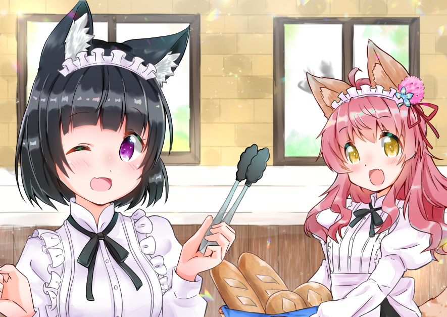 2girls alternate_costume animal_ear_fluff animal_ears basket black_hair blush borrowed_character bread cat_ears commentary_request eyebrows_visible_through_hair fang food hair_between_eyes hair_ribbon holding holding_basket indoors long_sleeves looking_at_viewer maid maid_headdress medium_hair multiple_girls neck_ribbon one_eye_closed open_mouth original pink_hair puffy_sleeves ribbon shirt short_hair skin_fang violet_eyes white_shirt window wolf-chan_(wataame27) wolf_ears yellow_eyes yokoshima_(euphoria)