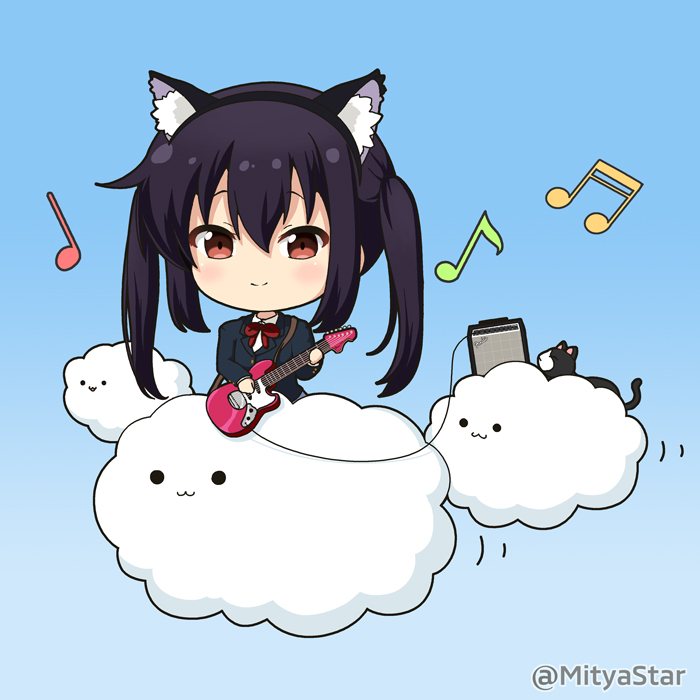 1girl :3 amplifier animal animal_ear_fluff animal_ears bangs beamed_sixteenth_notes black_cat black_hair black_hairband black_jacket blazer blue_background blush brown_eyes cat cat_ears chibi closed_mouth clouds collared_shirt commentary_request eighth_note fake_animal_ears fender_mustang hair_between_eyes hairband holding holding_instrument instrument jacket k-on! long_hair miicha musical_note nakano_azusa neck_ribbon quarter_note red_ribbon ribbon school_uniform shirt smile solid_circle_eyes solo twintails twitter_username white_shirt