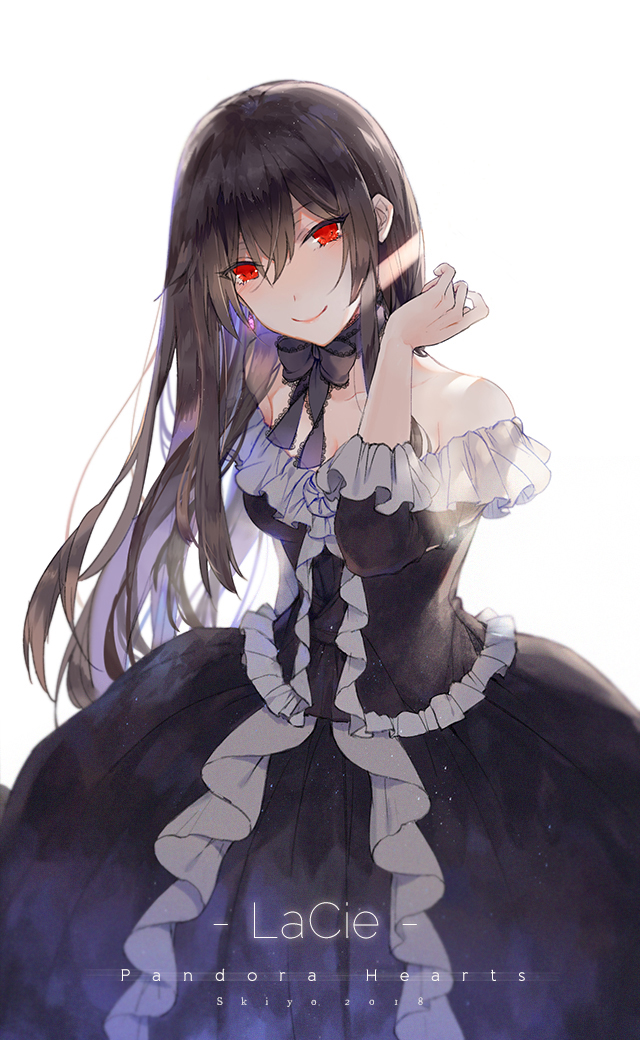 1girl alice_(pandora_hearts) arm_up artist_name bangs bare_shoulders black_dress black_hair black_ribbon breasts character_name closed_mouth collarbone copyright_name dress frilled_dress frills kistina long_dress long_hair long_sleeves looking_at_viewer neck_ribbon pandora_hearts red_eyes ribbon simple_background small_breasts smile solo standing white_background