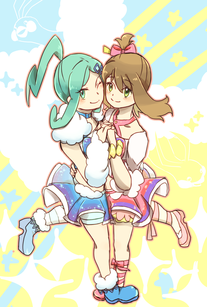 2girls aqua_eyes aqua_hair blue_footwear blush brown_hair green_eyes hair_ornament hair_ribbon haruka_(pokemon) long_hair looking_at_viewer lucia_fagerholm miniskirt mizuto_(o96ap) multiple_girls one_eye_closed pink_footwear pokemon pokemon_(game) pokemon_oras ponytail ribbon shoes skirt smile standing standing_on_one_leg symmetrical_hand_pose