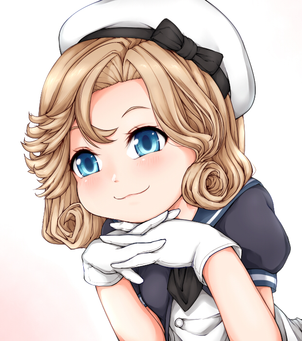 1girl bangs blonde_hair blue_eyes blue_sailor_collar commentary_request dress gloves hands_clasped hat haty janus_(kantai_collection) kantai_collection own_hands_together parted_bangs sailor_collar sailor_dress sailor_hat short_hair short_sleeves simple_background smile solo white_background white_dress white_gloves white_headwear