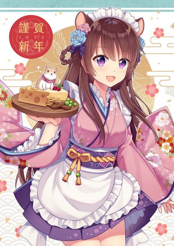 1girl 2020 :d animal apron bangs blue_flower bow braid breasts brown_hair cheese commentary_request eyebrows_visible_through_hair floral_print flower food frilled_apron frills hair_bow hair_flower hair_ornament hair_rings hitsuki_rei holding japanese_clothes kimono long_hair long_sleeves maid_headdress medium_breasts open_mouth pink_flower pink_kimono pleated_skirt print_kimono purple_bow purple_skirt seed skirt sleeves_past_wrists smile snowdreams_-lost_in_winter- solo sunflower_seed very_long_hair violet_eyes wa_maid waist_apron white_apron wide_sleeves