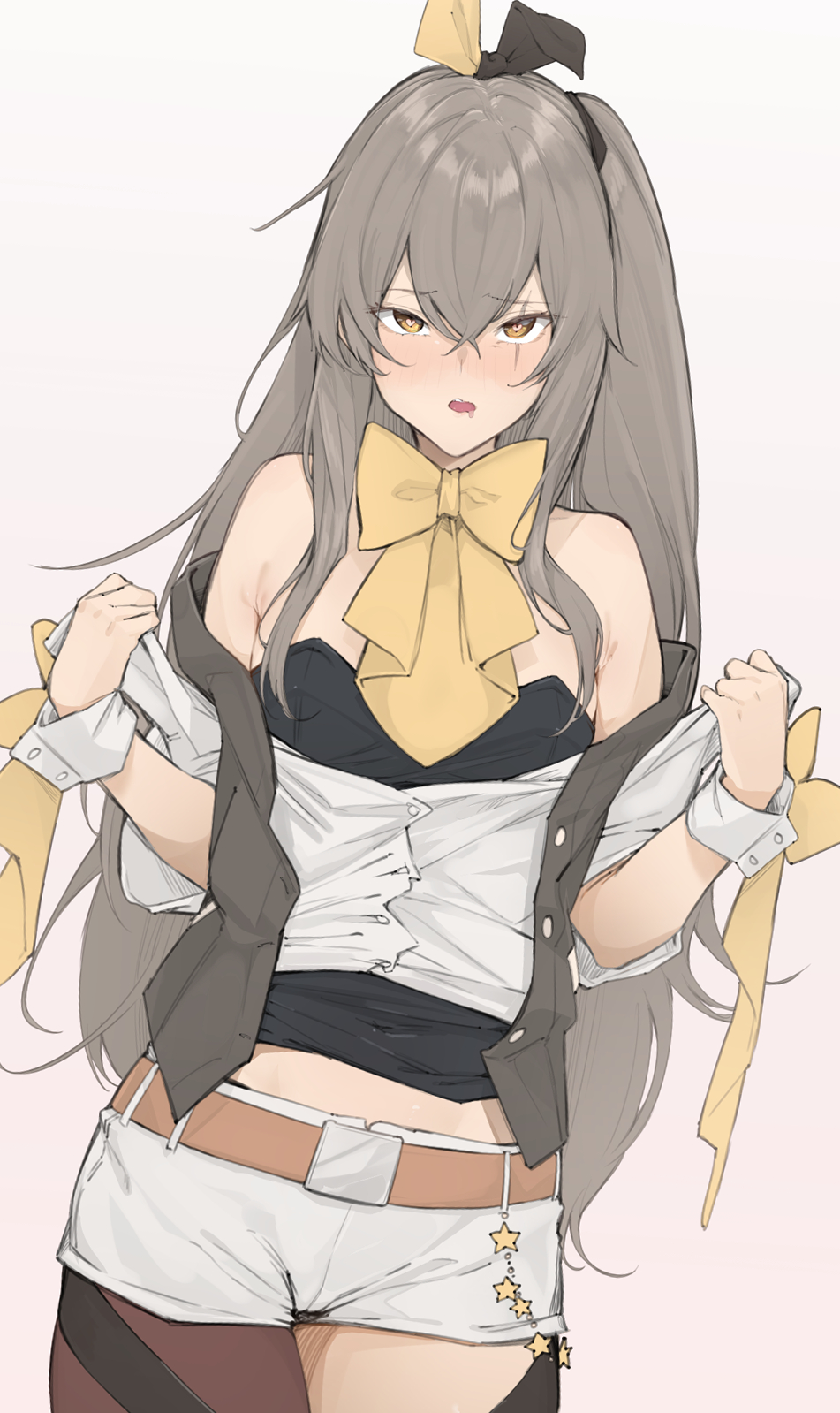 1girl bangs belt belt_buckle black_ribbon black_shirt blush bow brown_background brown_belt brown_eyes brown_hair brown_legwear brown_vest buckle commentary_request cowboy_shot drooling eyebrows_visible_through_hair girls_frontline hair_between_eyes hair_ornament hair_ribbon heart heart-shaped_pupils highres long_hair looking_at_viewer nose_blush off_shoulder one_side_up open_mouth pantyhose ribbon saliva scar scar_across_eye shirt short_shorts short_sleeves shorts simple_background single_leg_pantyhose solo strapless symbol-shaped_pupils ump45_(girls_frontline) uno_ryoku upper_teeth very_long_hair vest white_shirt white_shorts wrist_cuffs yellow_bow yellow_ribbon