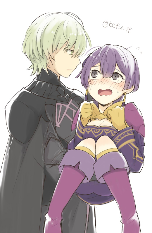 1boy 1girl armor bernadetta_von_varley blush byleth_(fire_emblem) byleth_eisner_(male) carrying closed_mouth dress earrings fire_emblem fire_emblem:_three_houses from_side gloves green_eyes green_hair grey_eyes jewelry open_mouth princess_carry purple_hair short_hair simple_background tefutene twitter_username white_background yellow_gloves