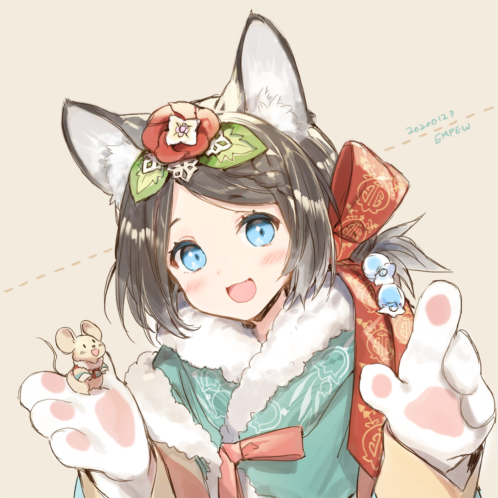 1girl animal_ears blue_eyes blush brown_hair chinese_zodiac empew eyebrows_visible_through_hair flower hair_flower hair_ornament looking_at_viewer mouse mouse_ears open_mouth original short_hair smile solo upper_body year_of_the_rat