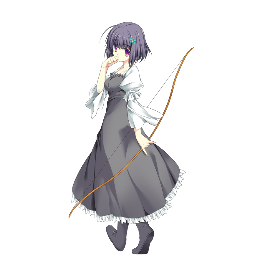 1girl audrey_(hitsuji_chronicle) black_dress black_footwear bow_(weapon) breasts dress eyebrows_visible_through_hair flower full_body hair_flower hair_ornament hand_up hitsuji_chronicle holding holding_bow_(weapon) holding_weapon looking_at_viewer looking_back purple_hair short_hair small_breasts solo standing violet_eyes weapon