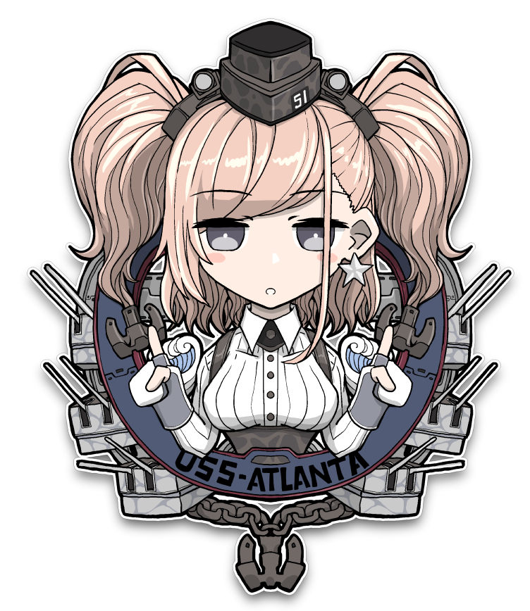1girl anchor anchor_hair_ornament atlanta_(kantai_collection) bangs blush boushi-ya breasts brown_hair character_name earrings eyebrows_visible_through_hair garrison_cap gloves grey_eyes hair_ornament hat headgear high-waist_skirt index_finger_raised jewelry kantai_collection long_hair long_sleeves open_mouth partly_fingerless_gloves rigging simple_background single_earring skirt solo star star_earrings twintails upper_body white_background