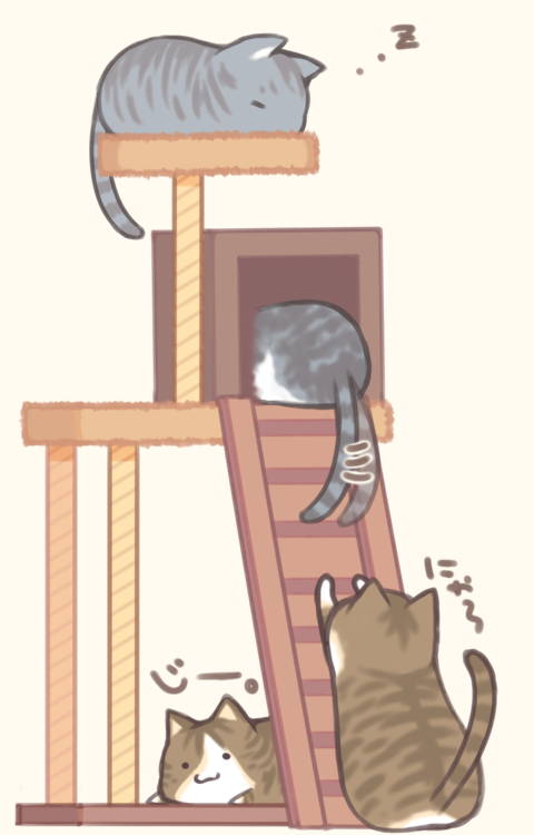 ._. afterimage animal animal_focus beige_background cat cat_tower closed_eyes closed_mouth looking_at_viewer no_humans original sakurato_ototo_shizuku simple_background tail_wagging translation_request zzz