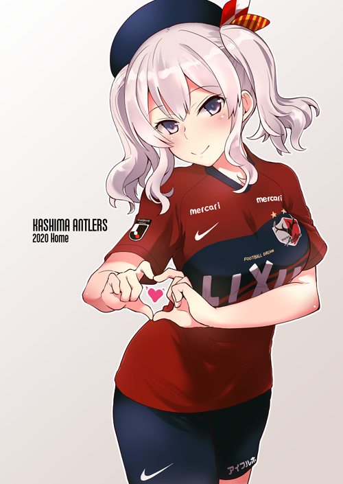 1girl alternate_costume commentary_request copyright_name cowboy_shot fujii_jun gradient gradient_background grey_background grey_eyes heart heart_hands j._league kantai_collection kashima_(kantai_collection) kashima_antlers looking_at_viewer namesake red_shirt shirt shorts sidelocks silver_hair smile soccer_uniform solo sportswear twintails wavy_hair