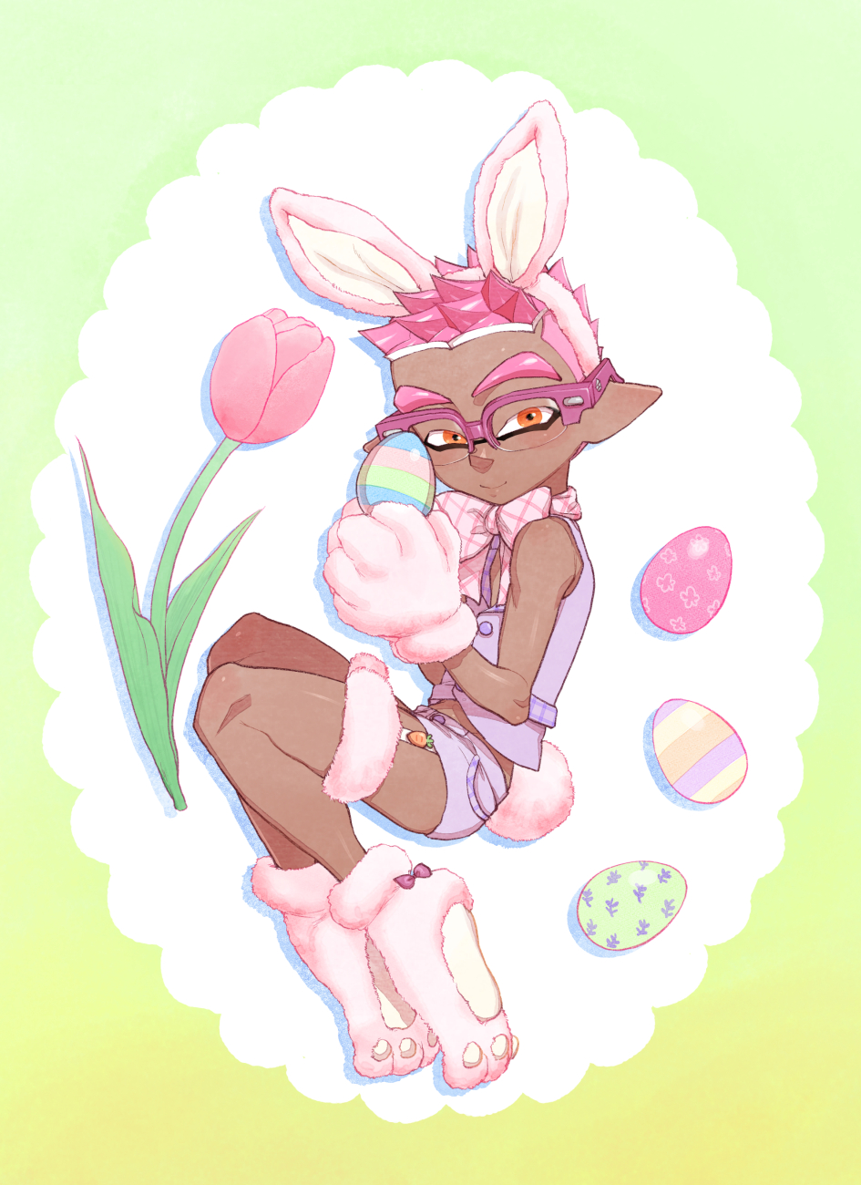 1boy animal_ears bare_shoulders blush bunny_paws bunny_tail dark_skin dark_skinned_male easter easter_egg egg eyebrows flower full_body hairband highres holding_egg inkling looking_at_viewer orange_eyes over-rim_eyewear pink-framed_eyewear pink_hair rabbit_ears semi-rimless_eyewear senpai_(souzaipan) short_shorts shorts smile solo souzaipan spiky_hair splatoon_(series) tail tulip