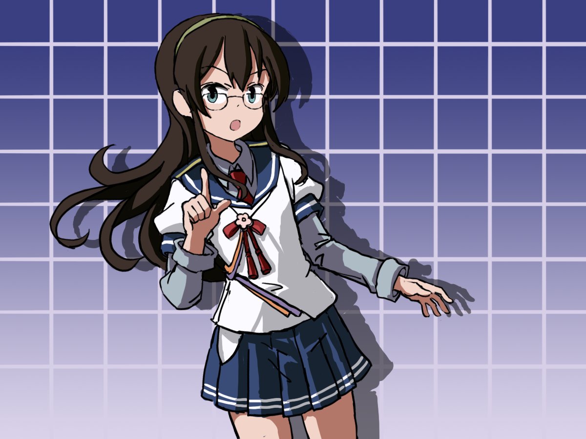 1girl adrian_ferrer black_hair blue_background blue_sailor_collar blue_skirt commentary cowboy_shot english_commentary glasses green_eyes grid_background hairband hip_vent index_finger_raised kantai_collection long_hair looking_at_viewer necktie ooyodo_(kantai_collection) open_mouth pleated_skirt red_neckwear sailor_collar school_uniform semi-rimless_eyewear serafuku skirt solo under-rim_eyewear
