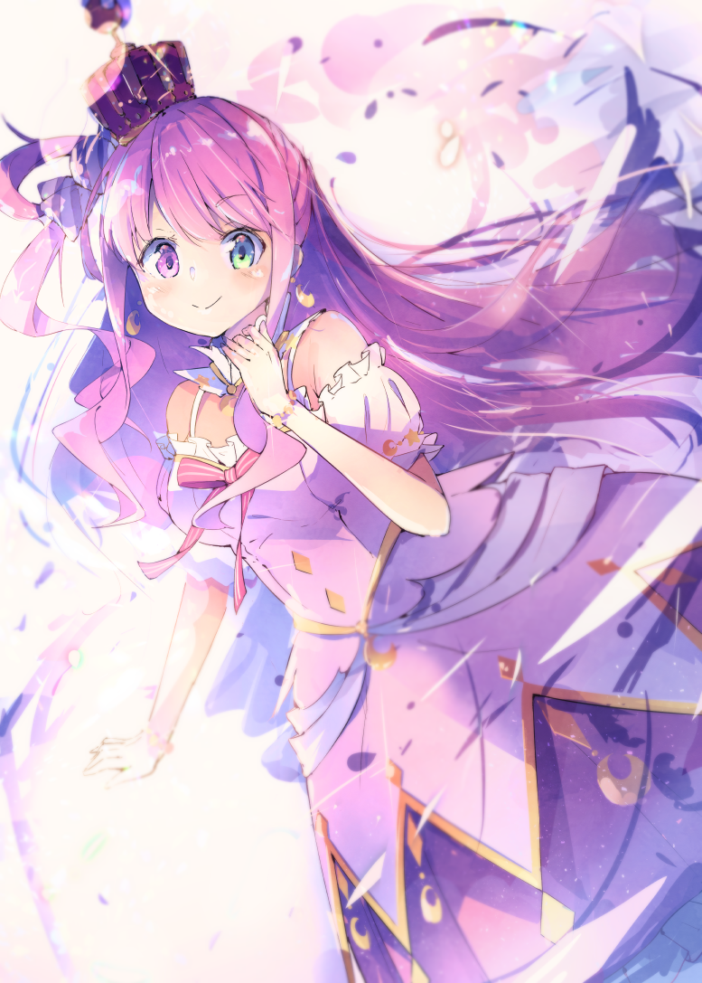 1girl bare_shoulders bracelet closed_mouth crescent crescent_earrings crown earrings eyebrows_visible_through_hair green_eyes hair_ornament heterochromia himemori_luna hololive jewelry long_hair nekopote pink_eyes pink_hair solo star virtual_youtuber