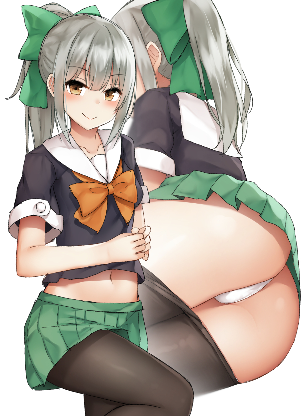 1girl ass bangs blush bow brown_eyes green_hair green_skirt grey_hair hair_bow hair_ribbon highres kantai_collection long_hair looking_at_viewer mizushina_minato multiple_views panties pantyhose pleated_skirt ponytail ribbon school_uniform serafuku short_hair short_sleeves skirt smile tank_top underwear white_panties yuubari_(kantai_collection)