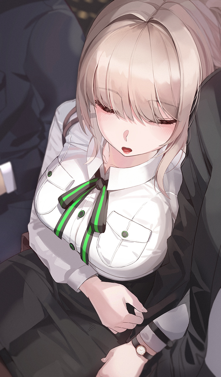 1girl bangs black_neckwear black_skirt blonde_hair blush breast_pocket breasts closed_eyes collared_shirt commentary_request eyebrows_visible_through_hair green_neckwear highres kfr large_breasts leaning_on_person leaning_to_the_side long_sleeves open_mouth original pencil_skirt pocket shirt skirt sleeping sleeping_on_person solo_focus striped striped_neckwear two-tone_neckwear watch watch white_shirt