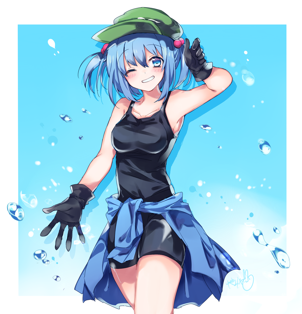 1girl arm_up bangs bare_arms bare_shoulders bike_shorts black_gloves black_shorts black_tank_top blue_background blue_eyes blue_hair blue_jacket blush border breasts cabbie_hat clothes_around_waist commentary_request cowboy_shot drop_shadow eyebrows_visible_through_hair gloves gradient gradient_background green_headwear grin hair_between_eyes hair_bobbles hair_ornament hat head_tilt jacket jacket_around_waist kawashiro_nitori looking_at_viewer medium_breasts outside_border short_hair short_shorts shorts sidelocks signature smile solo standing tank_top thighs touhou two_side_up water_drop white_border yukimiya_(parupunta)