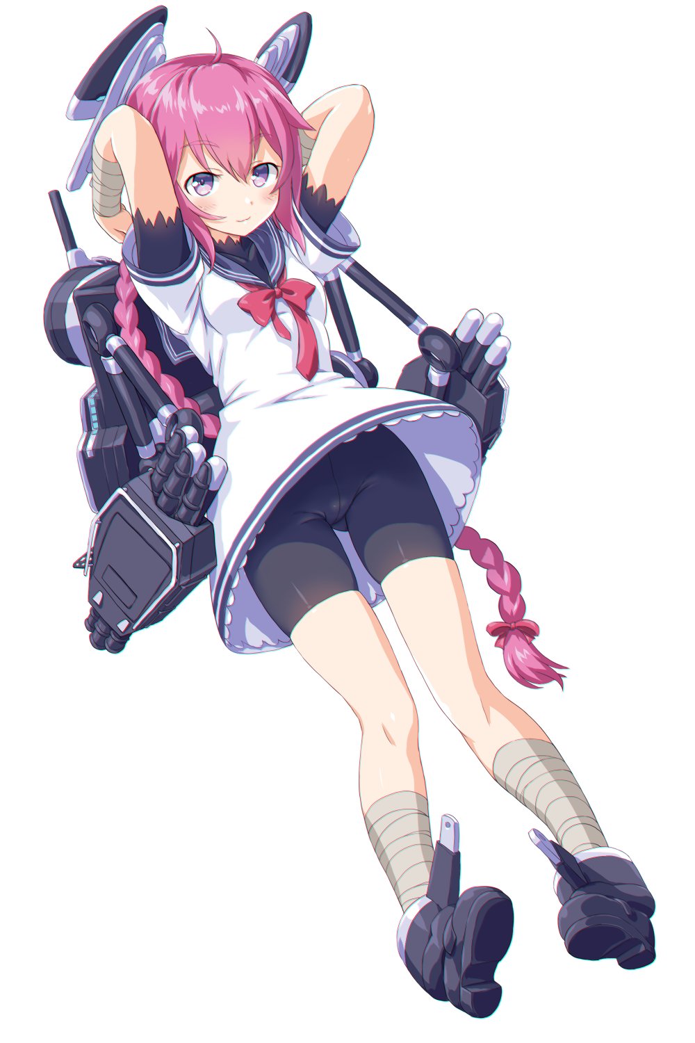 1girl bandaged_arm bandaged_leg bandages bangs bike_shorts blue_sailor_collar blush braid breasts dd_(ijigendd) dress eyebrows_visible_through_hair full_body hair_ribbon headgear highres kantai_collection long_hair nenohi_(kantai_collection) pink_hair ribbon rigging sailor_collar sailor_dress short_sleeves shorts_under_dress simple_background single_braid small_breasts solo violet_eyes white_background