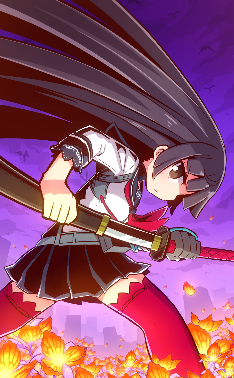 1girl 7th_dragon_(series) 7th_dragon_2020 animal black_hair black_sailor_collar black_skirt blush brown_eyes closed_mouth clouds cloudy_sky commentary_request dragon gloves grey_gloves highres holding holding_sheath holding_sword holding_weapon katana katanako long_hair long_sleeves looking_at_viewer looking_to_the_side naga_u neckerchief petals pleated_skirt profile purple_background red_legwear red_neckwear sailor_collar samurai_(7th_dragon_series) school_uniform serafuku sheath shirt skirt sky solo sword thigh-highs unsheathing very_long_hair weapon white_shirt