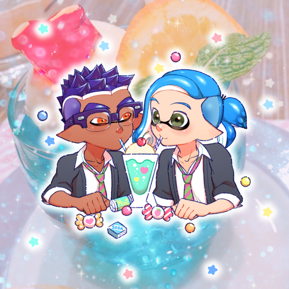 2boys blue_hair candy cherry collared_shirt dark_skin drinking_straw food fruit glasses green_eyes ice_cream ice_cream_float inkling melon_soda multiple_boys necktie orange_eyes over-rim_eyewear purple-framed_eyewear purple_hair semi-rimless_eyewear shirt souzaipan splatoon_(series) tropical_drink white_shirt