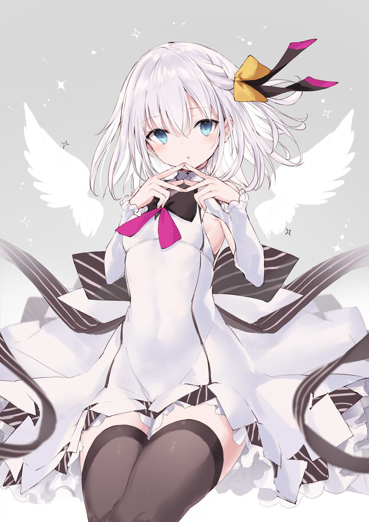 1girl angel_wings bangs black_legwear blue_eyes bow breasts commentary_request detached_wings dress eyebrows_visible_through_hair grey_background hair_bow hair_ribbon long_sleeves looking_at_viewer nanananana orange_bow original pink_ribbon ribbon short_hair simple_background sitting small_breasts solo thigh-highs white_dress white_hair wings