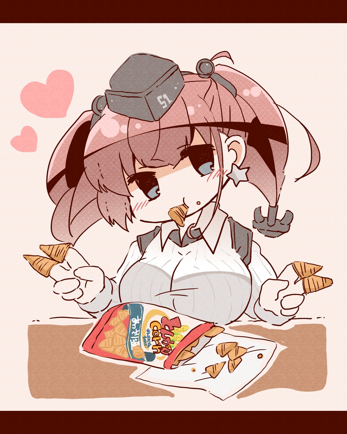 1girl anchor_hair_ornament atlanta_(kantai_collection) bag_of_chips bangs bloom2425 blue_eyes breasts brown_hair bugles bugles_on_fingers chips commentary_request earrings food food_in_mouth food_on_face garrison_cap hair_ornament hat headgear heart highres jewelry kantai_collection large_breasts long_hair simple_background single_earring solo star star_earrings twintails upper_body