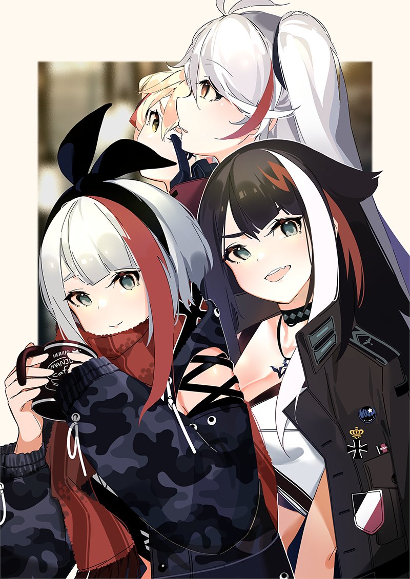 4girls admiral_graf_spee_(azur_lane) admiral_hipper_(azur_lane) antenna_hair azur_lane black_hair blonde_hair blue_eyes brown_eyes casual choker deutschland_(azur_lane) fang gloves green_eyes headband iron_cross long_hair mania_(fd6060_60) military_jacket multicolored_hair multiple_girls prinz_eugen_(azur_lane) redhead scarf short_hair streaked_hair tagme two_side_up white_hair