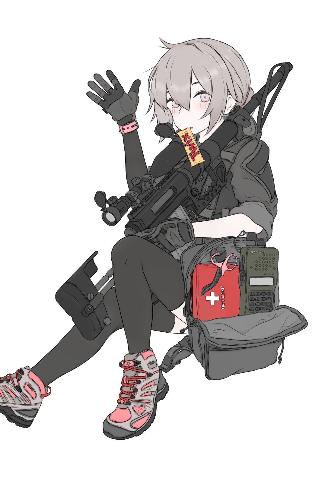 1girl bolt_action cheytac_m200 commentary first_aid_kit girls_frontline gloves gun highres looking_at_viewer m200_(girls_frontline) mouth_hold pink_eyes pz-15 rifle scissors scope shoes sitting sneakers sniper_rifle solo thigh-highs twix weapon white_background