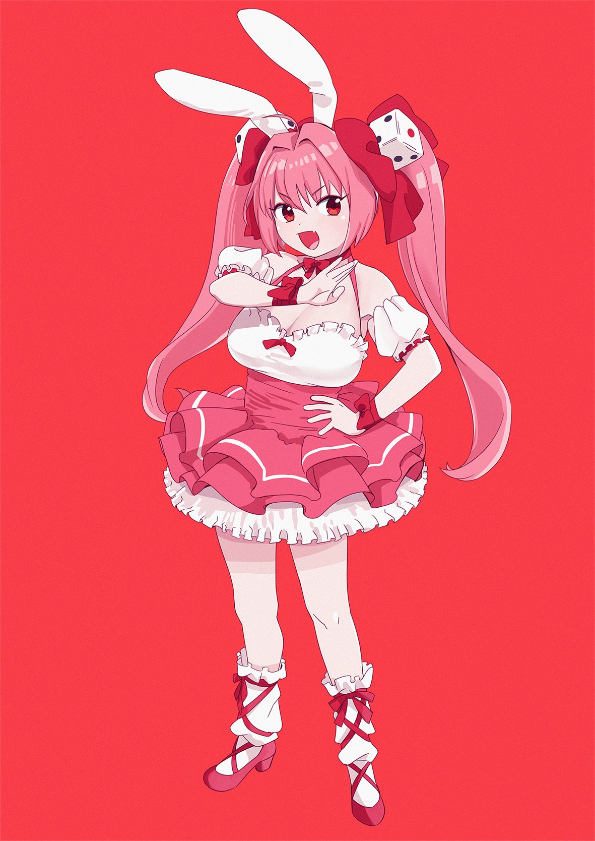 1girl animal_ears bangs bow breasts choker di_gi_charat dice dice_hair_ornament dress eyebrows_visible_through_hair fang frilled_dress frills full_body hair_bow hair_ornament hand_on_hip highres large_breasts long_hair ojipon open_mouth pink_footwear pink_hair rabbit_ears red_background red_eyes ribbon ribbon_choker simple_background solo standing twintails usada_hikaru