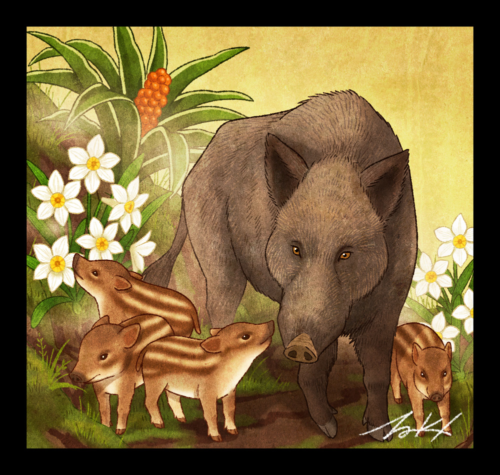 animal animal_focus black_border boar border flower grass no_humans original plant signature takigraphic white_flower