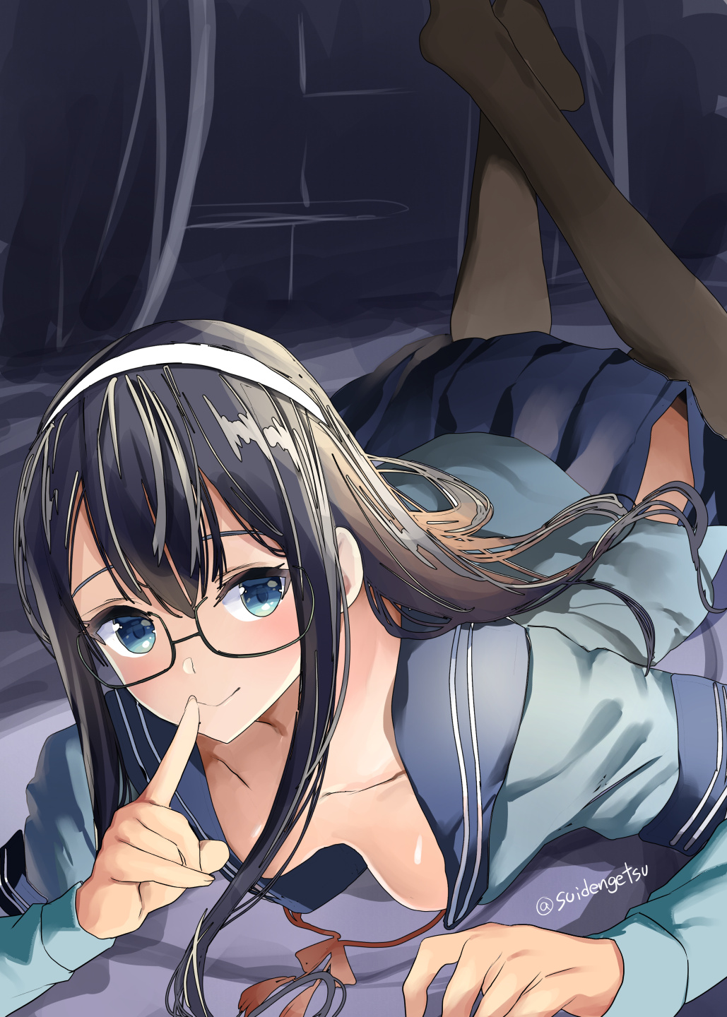 1girl black_hair blue_eyes blush breasts glasses hairband highres indoors kantai_collection long_hair long_sleeves looking_at_viewer lying mizuta_kenji night on_stomach ooyodo_(kantai_collection) ribbon school_uniform semi-rimless_eyewear serafuku small_breasts smile solo window