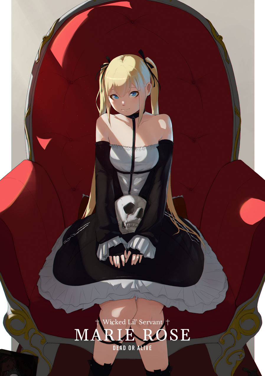 1girl alternate_costume armchair bare_shoulders black_footwear black_ribbon blue_eyes breasts chair character_name choker copyright_name dappled_sunlight dead_or_alive dead_or_alive_5 dress english_text eyeliner gothic_lolita hair_ribbon highres kasseus_maximus knees_together_feet_apart lolita_fashion long_hair looking_at_viewer makeup marie_rose ribbon sitting skull small_breasts solo strapless strapless_dress sunlight v_arms