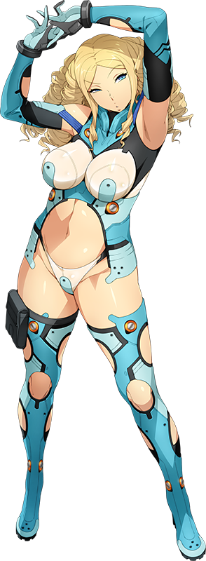 1girl arms_up bangs blonde_hair blue_eyes blue_legwear bodysuit boots drill_hair full_body hands_together long_hair navel official_art parted_bangs solo super_robot_wars super_robot_wars_x-omega thigh-highs thigh_boots transparent_background watanabe_wataru