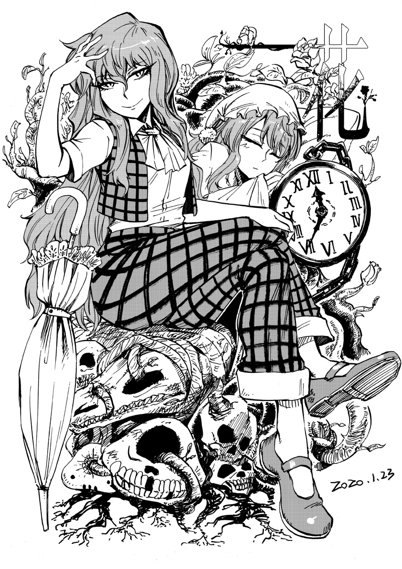 1girl blackcat_(pixiv) chain clock closed_eyes crossed_legs dated dual_persona eyebrows_visible_through_hair greyscale hair_between_eyes hat kazami_yuuka kazami_yuuka_(pc-98) long_hair looking_at_viewer mary_janes monochrome nightcap open_clothes open_vest pants pillow plaid plaid_pants plant pocket_watch roman_numerals roots shoes short_sleeves sitting skull skull_pile sleeping smile touhou touhou_(pc-98) vest vines watch white_background