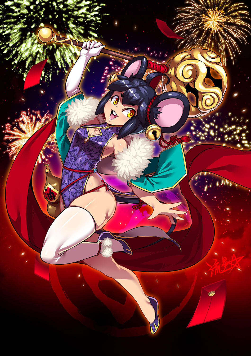 1girl 2020 animal_ears bell black_hair breasts china_dress chinese_clothes chinese_zodiac detached_sleeves dress elbow_gloves envelope fireworks flats gloves gourd green_sleeves happy_new_year highleg highleg_dress highres holding holding_weapon jingle_bell mouse_ears mouse_girl mouse_tail new_year no_bra original panties pelvic_curtain purple_dress red_panties red_sash ryuusei_(mark_ii) sash short_hair side-tie_panties signature single_elbow_glove single_thighhigh small_breasts solo tail thigh-highs underwear weapon white_gloves white_legwear wide_sleeves year_of_the_rat yellow_eyes