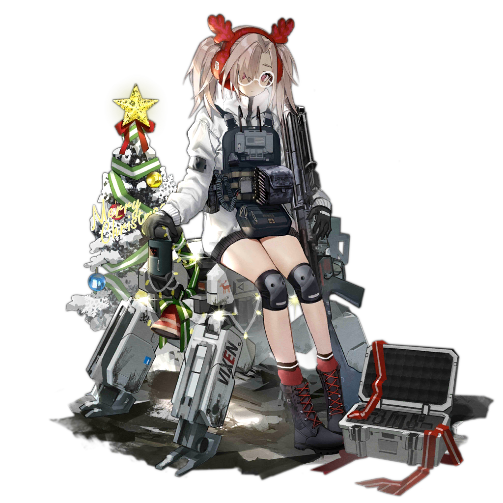 1girl alternate_costume antlers bangs black_footwear black_gloves boots christmas christmas_ornaments christmas_tree cross-laced_footwear earmuffs expressionless girls_frontline glasses gloves grey_hair gun h&amp;k_hk21 hair_ornament hair_over_one_eye hairband hk21_(girls_frontline) holding holding_gun holding_weapon jacket jewelry knee_pads load_bearing_equipment long_hair long_jacket long_sleeves looking_at_viewer merry_christmas official_art plate_carrier red_hairband red_legwear robot round_eyewear sidelocks sitting socks solo star thighs transparent_background turtleneck twintails violet_eyes weapon white-framed_eyewear white_jacket xiao_chichi