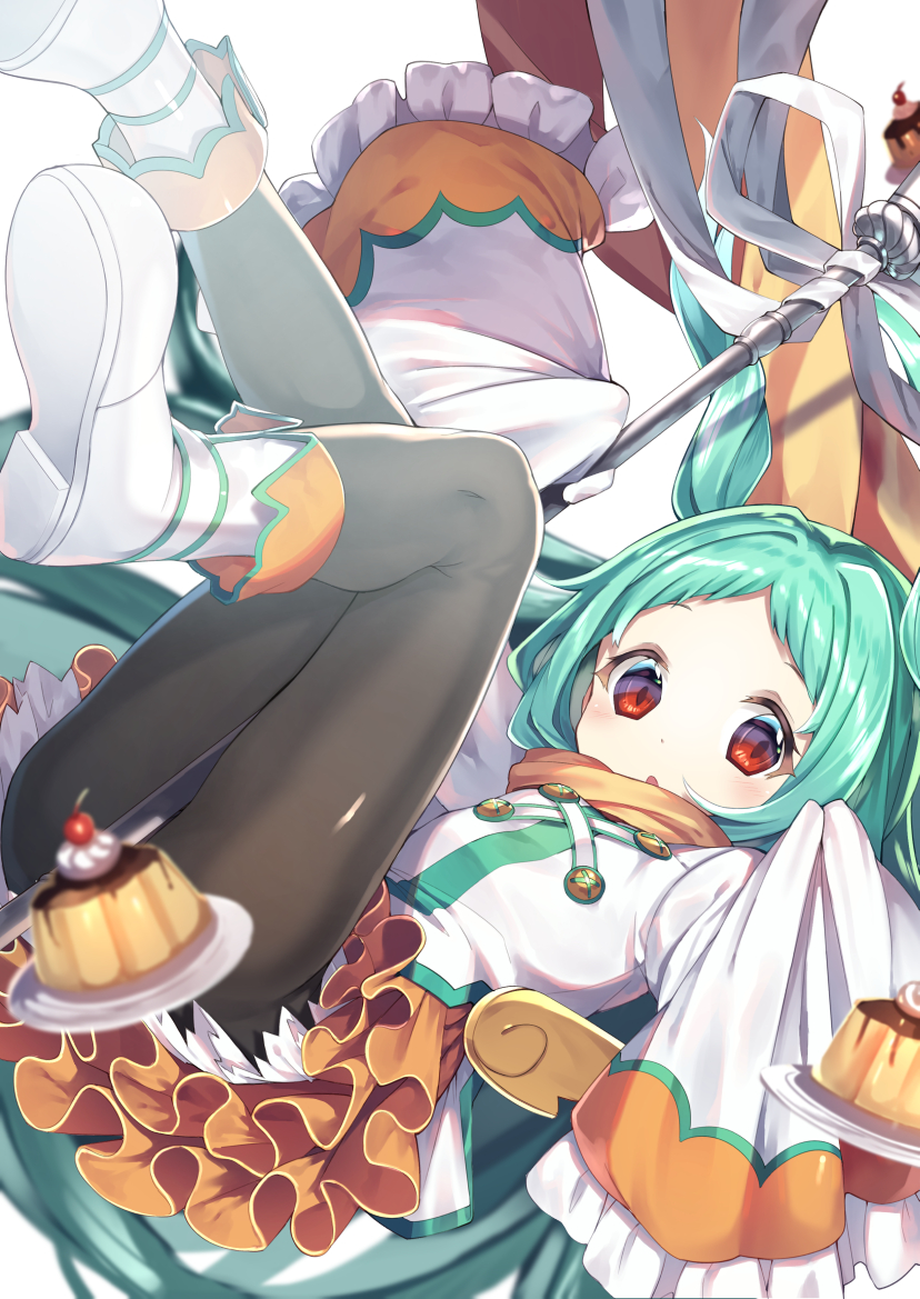 1girl :o between_legs black_legwear boots brown_scarf brown_skirt commentary_request food forehead green_hair gurasion_(gurasion) izumo_miyako layered_skirt legs_up long_hair long_sleeves looking_at_viewer lying on_back pantyhose parted_lips pleated_skirt princess_connect! princess_connect!_re:dive pudding red_eyes scarf shirt shoe_soles simple_background skirt sleeves_past_fingers sleeves_past_wrists solo very_long_hair white_background white_footwear white_shirt